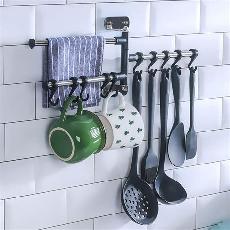 Wall Mount Kitchen Utensil Holder Rotating Stainless Steel Rack Rail