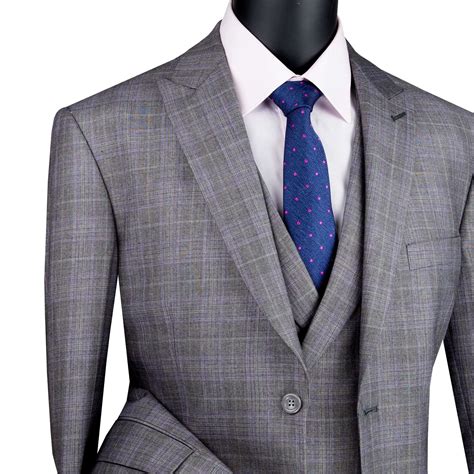 vinci men s gray glen plaid 3 piece 2 button modern fit suit w peak lapel new ebay