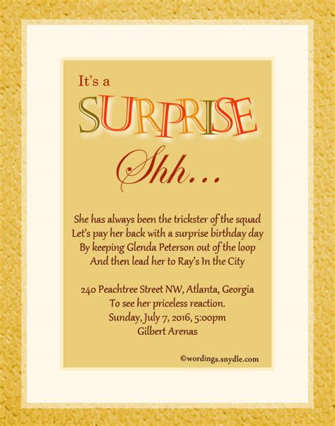 In addition to requesting someone's presence, sending invites is a great way to let your guests know information about the date, location and theme. Surprise Birthday Party Invitation Wording - Wordings and ...