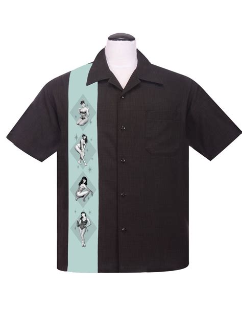 Steady Bettie Page Pinup Panel Rockabilly Bowling Mens Button Up Shirt