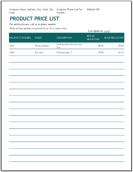 Product Price List Template For Excel Excel Templates