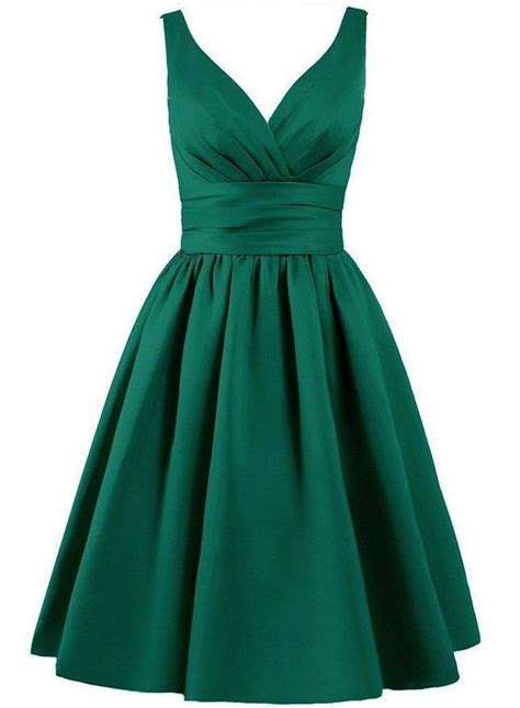 Emerald Green Satin Knee Length A Line Evening Dress Featuring Plunge V Bodice On Luulla