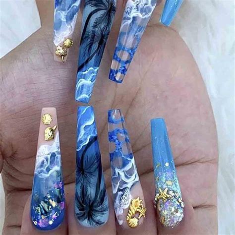 Foccna Blue Press On Nails Artificail Extra Long Summer