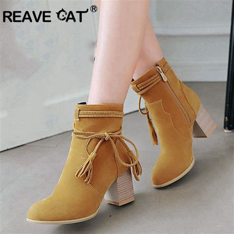 REAVE CAT Spring Shoes Women High Heel Boots Ankle Boots Flock Zipper ...