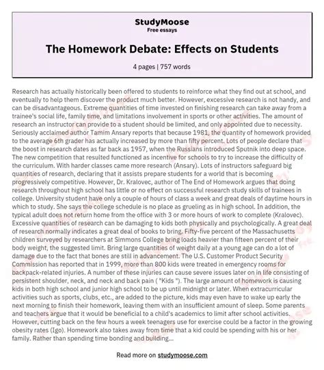 The Homework Debate Effects On Students Free Essay Example