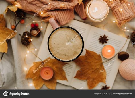 Hot Coffee Autumn Leaves Cozy Background Seasonal Relax