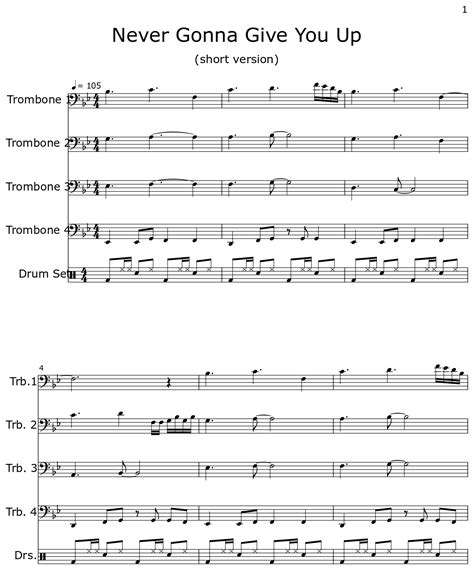 Never Gonna Give You Up Sheet Music For Trombone Drum Set