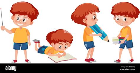 Set Of A Boy Cartoon Character Doing Different Activities Illustration