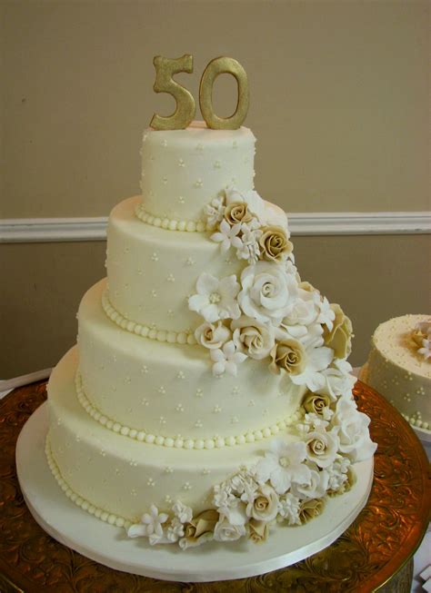 Gold And White With Different Flowers 50th Anniversary Cakes 50th