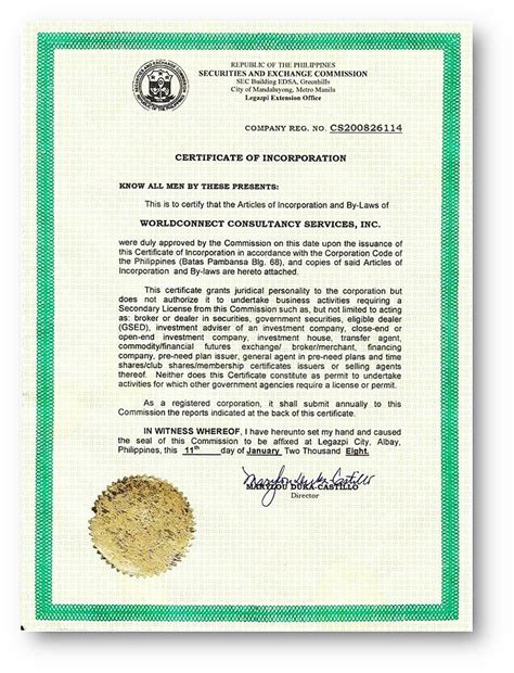 Certificate Of Incorporation Worldconnect Consultancy Services