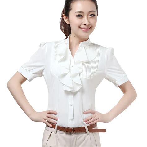 2017 summer tops for women short sleeve ruffles front blouses lady beaded blouse vintage white