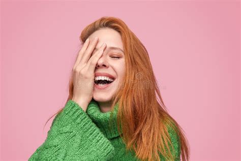 Laughing Model With Hand On Face Stock Photo Image Of Lovely Knitted
