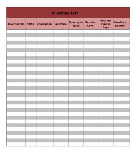 Inventory List Sample Master Of Template Document