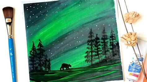 Northern Lights Landscape Acrylic Painting On Mini Canvas Step By