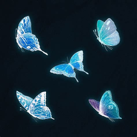Neon Blue Butterfly Illustrations Set Premium Image By