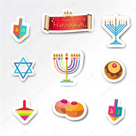 Happy Hanukkah Holiday Stickers Set Traditional Symbols