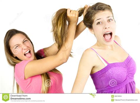 Girl Pulling Long Hair To Friend Angry Isolated Stock Photo Image Of