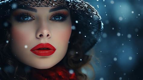 premium ai image gorgeous girl in the snow with glitzy makeup and scarlet lips generative ai