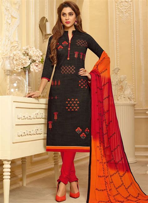 Black Cotton Embroidered Churidar Suit Churidar Suits Womens Dresses Uk Churidar