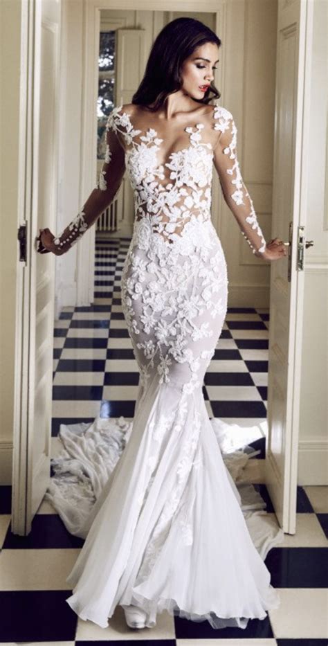 Pronovias Rocio Long Sleeve Mermaid Wedding Dress Wedding Dress Train Applique Wedding Dress