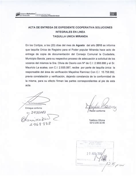 Acta De Entrega Recepci N De Documentos Riset