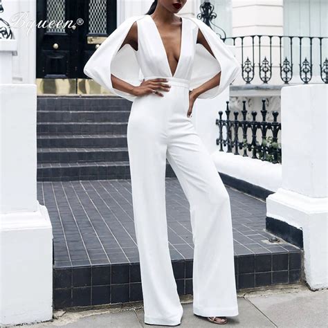 Bqueen New Solid White Deep V Sexy Women Jumpsuit Autumn Cape