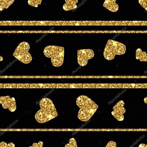 Gold Glittering Heart Seamless Pattern Horizontal Striped Background