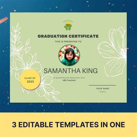 3 In 1 Editable Preschool Diploma Certificate Graduation Celebration