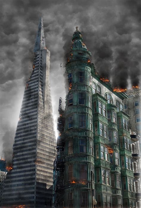 Destroyed Buildings Gray Sky Illustration Armageddon Destruction