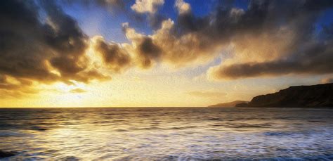 Beautiful Seascape At Sunset With Dramatic Clouds Digital Painting
