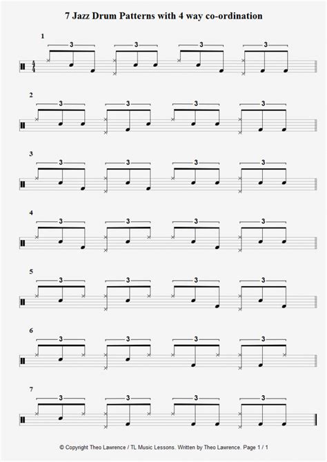 7 Jazz Drum Patterns With 3 And 4 Way Co Ordination Sheets Learn