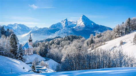 Germany Bavaria Alps Winter Snow Mountains Trees House Wallpaper