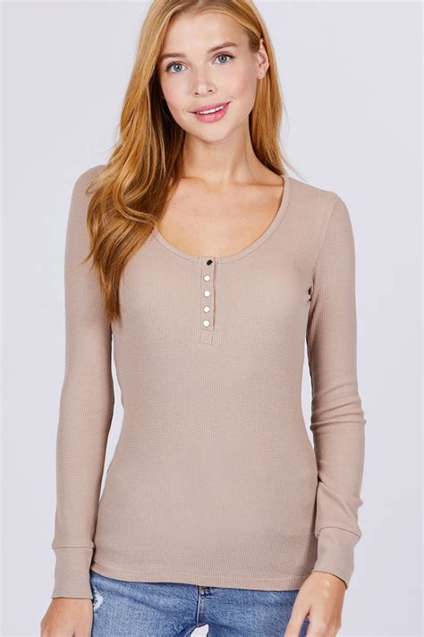 AB - Women's Basic Henley Thermal Long Sleeve Knit T-Shirt w/ Buttons 