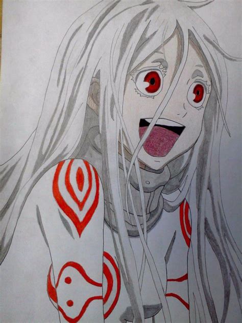 A Drawing Of A Woman With Long Hair And Red Eyes