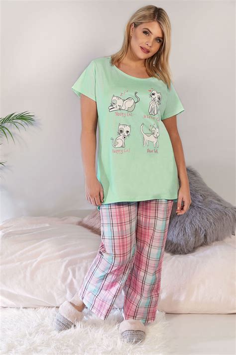 Mint Green Four Cat Print Pyjama Top Plus Size 16 To 36