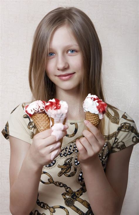 The Girl Eats Ice Cream Stock Image Image Of Pretty Playful 7048383