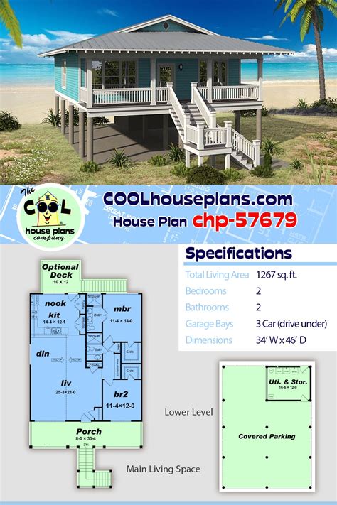 Beach Bungalow Style Home Plan On A Pier Foundation 2 Bedrooms And 2