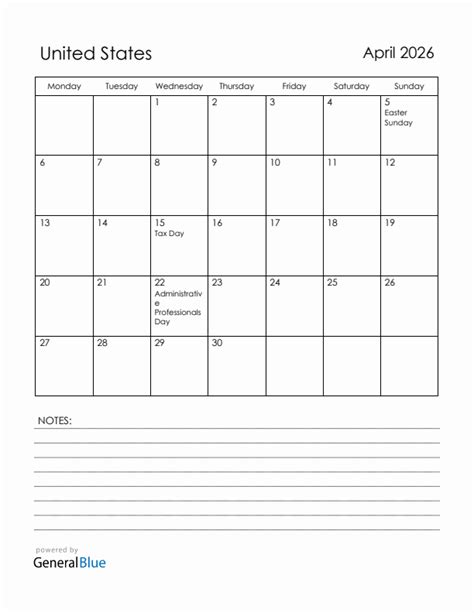 April 2026 United States Calendar With Holidays