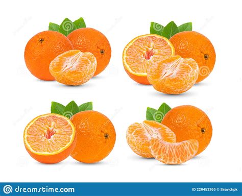 Mandarin Tangerine Citrus Fruit With Leaf On White Background Stock