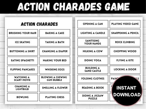 Printable Charades Game 70 Fun Words And Actions Charades Charades