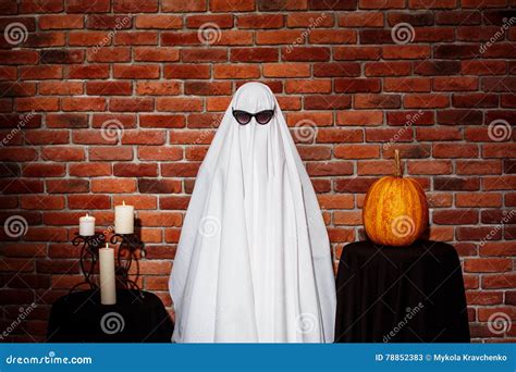 ghost in sunglasses posing over brick background halloween party stock image image of costume