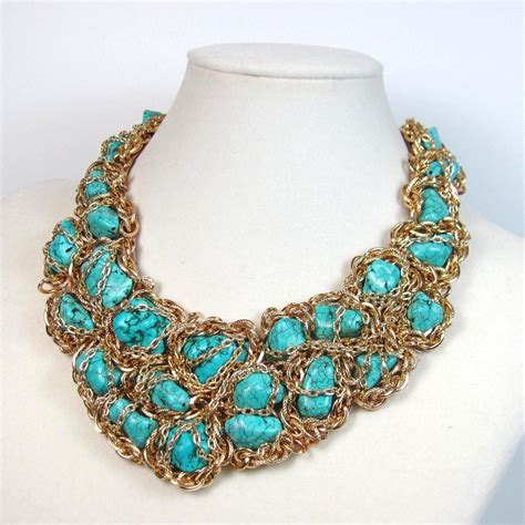 Statement Necklace Turquoise And Gold Bib Collar Wild Chains