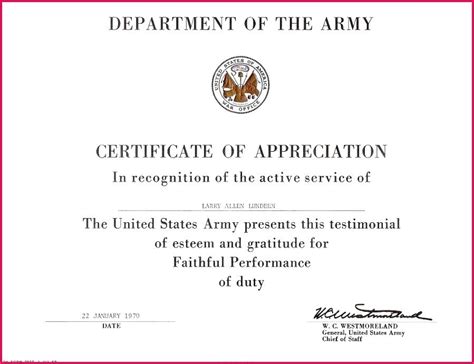 Best Army Certificate Of Appreciation Template Certificate Of