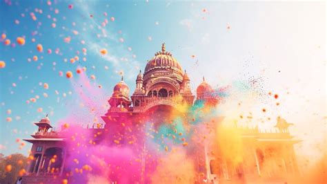 Clouds Of Colorful Powder Against Backdrop Of Blue Sky And An Indian