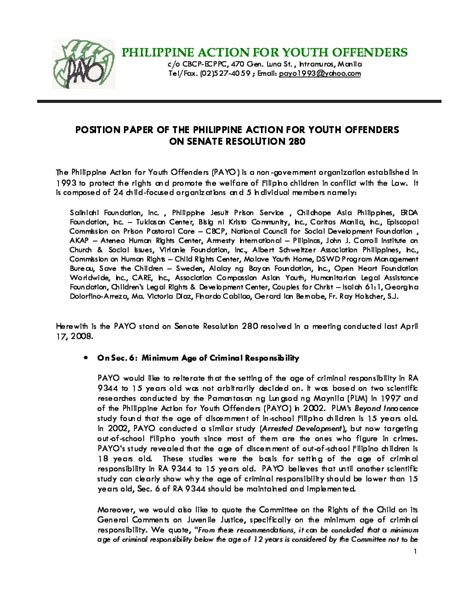 Ideally, position papers lay out a country's position on an issue before the united nations, focusing on what a specific delegation would like to address or accomplish at the un, rather than describing a specific country's experience with a certain issue. Position paper of the Philippine Action for Youth Offenders on Senate Resolution 280 | Resource ...