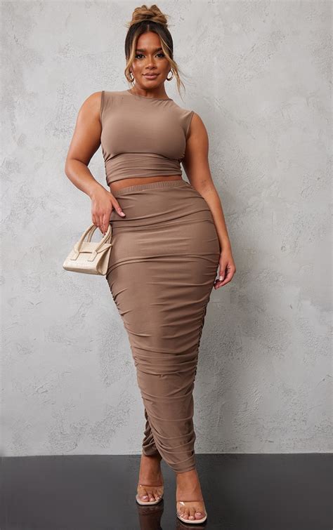 Shape Taupe Slinky Ruched Midaxi Bodycon Skirt Prettylittlething Ca