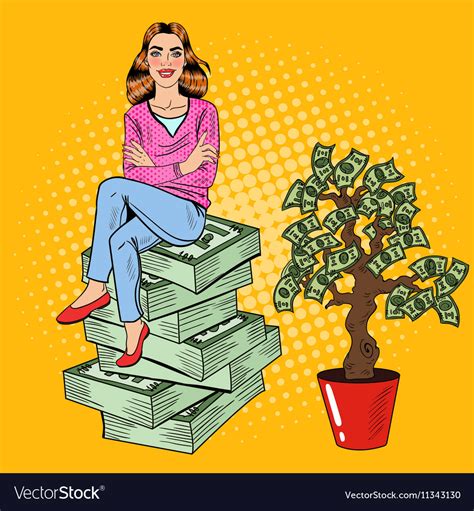 Pop Art Rich Woman Sitting On A Stack Of Money Vector Image