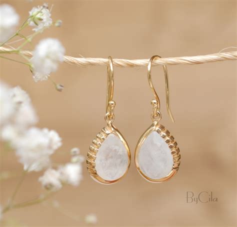 Moonstone Earrings Dangle Gold Plated 18k Gemstone Etsy
