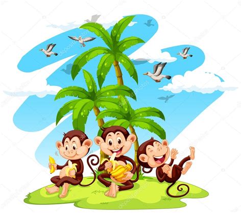 Three Monkeys Eating Bananas — Stock Vector © Interactimages 105684656