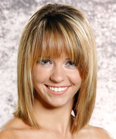 Medium Straight Casual Hairstyle With Layered Bangs Dark Blonde Hair Color